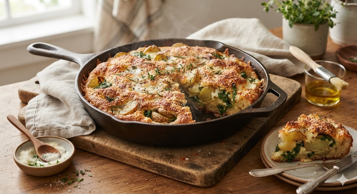 Crispy Parmesan Potato and Spinach Skillet Bread