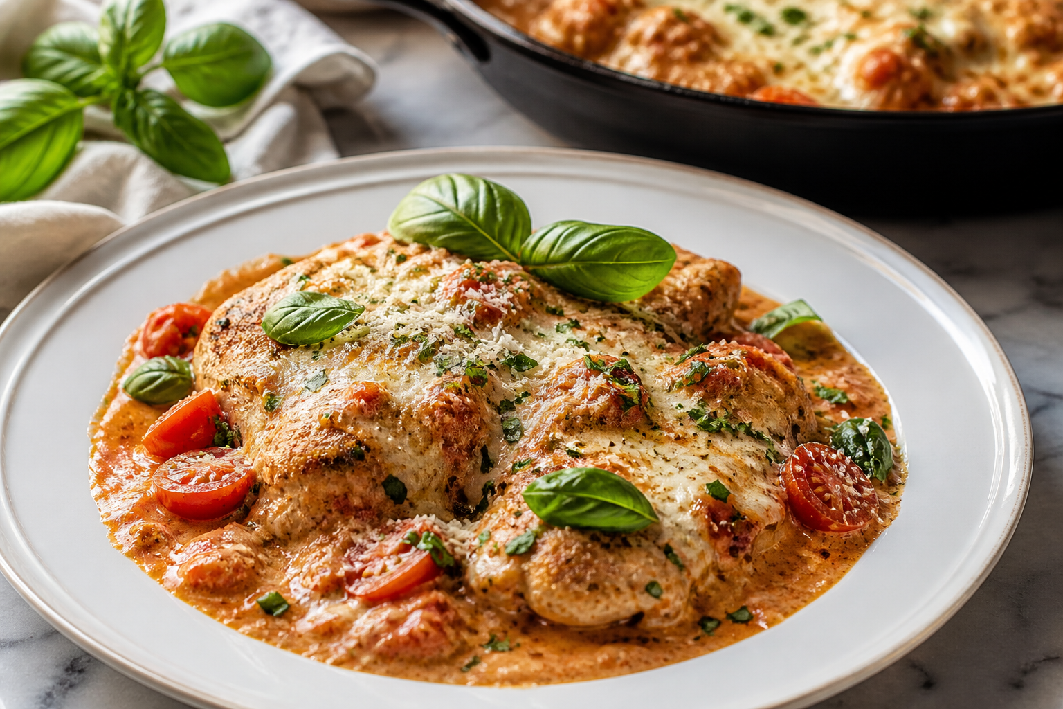 Creamy Tomato Chicken Parmesan Skillet